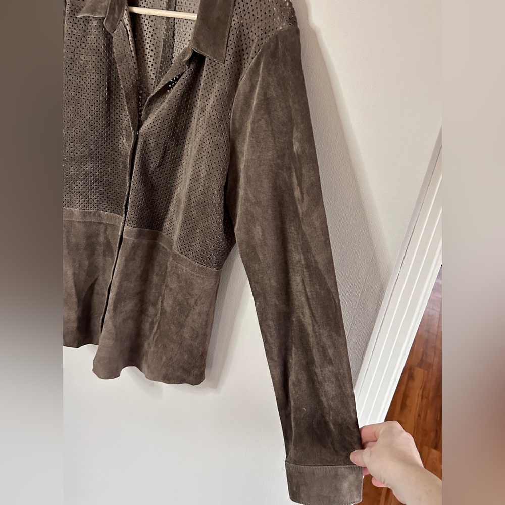 ECRU Brown Suede Perforated Button Down Overshirt Shacket Boho Western | Size L - Picture 7 of 16